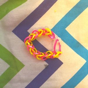 Rubber band loom bracelets made by Braelyn Hanson. Thank you.